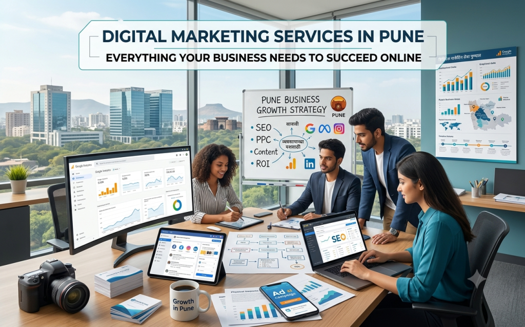 A modern digital marketing team in Pune collaborating in a high-rise office with screens displaying SEO, PPC, and analytics dashboards, featuring the Pune skyline in the background.