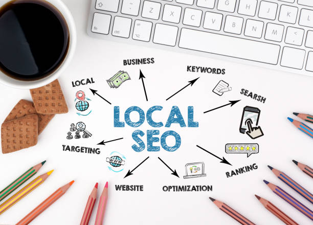 local seo concept. chart with keywords and icons. white office desk.
